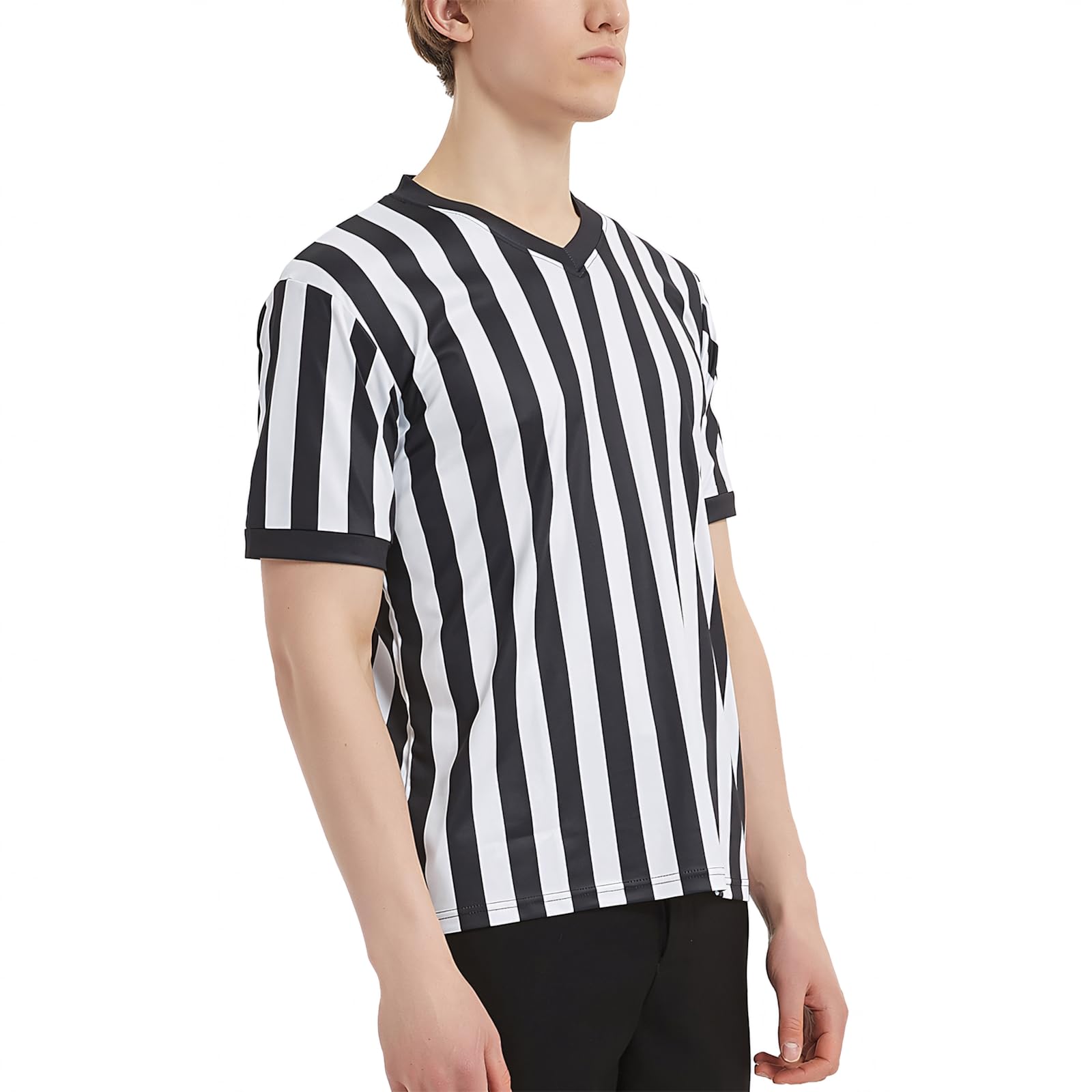 TopTie Camiseta de Árbitro Hombre Cuello de Pico Rayas Clásicas Blanco y Negro