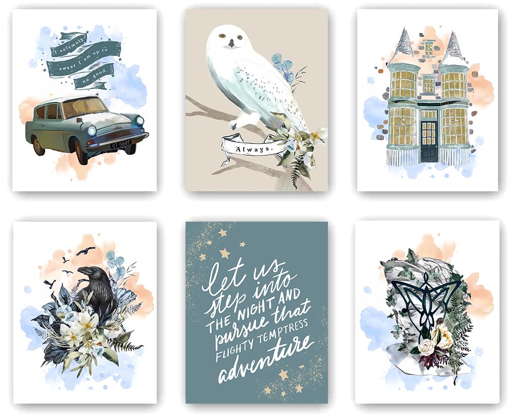 ZOQIPQO Magical Girls Room Wall Art Decor,Watercolor Magic Owl Grimoire Art Painting,Wizardry Art Posters for Kids Gifts Colorful Magical Wall Art for Bedroom Playroom,Set of 6(8''x10''Unframed)