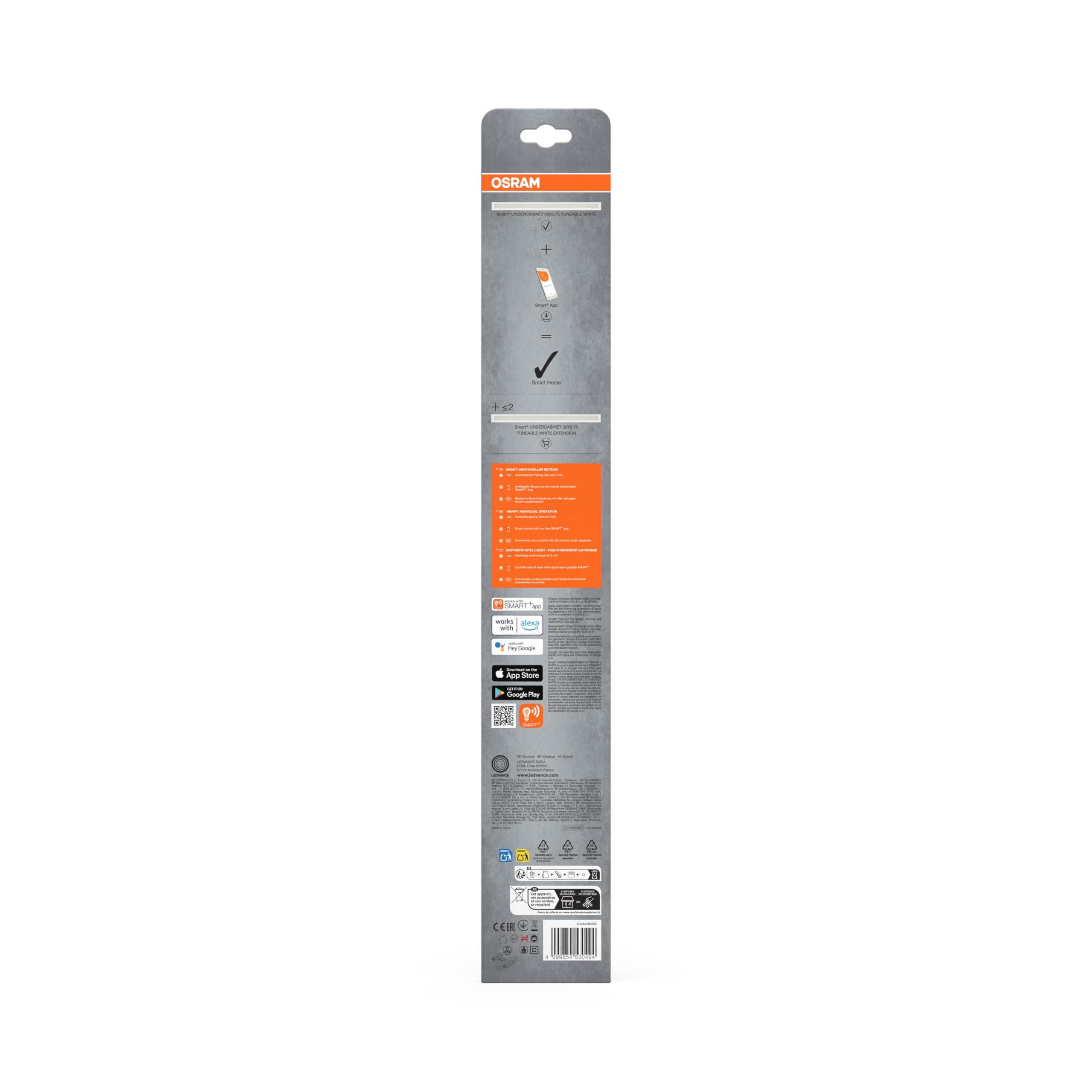 OSRAM Oświetlenie podszafkowe SMART+ Wifi wąskie 50x3,75 z TW, w kolorze białym z obudową aluminiową, stopień ochrony IP20 do użytku wewnątrz pomieszczeń, łatwe w montażu