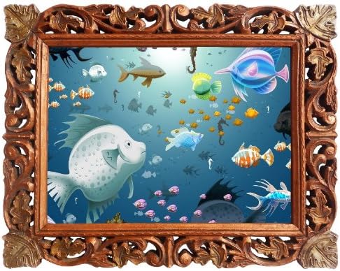 Fish Aquarium Wallpaper in Hand Carved Wood Craft Frame, Exclusive Indian Handicraft Wood Art