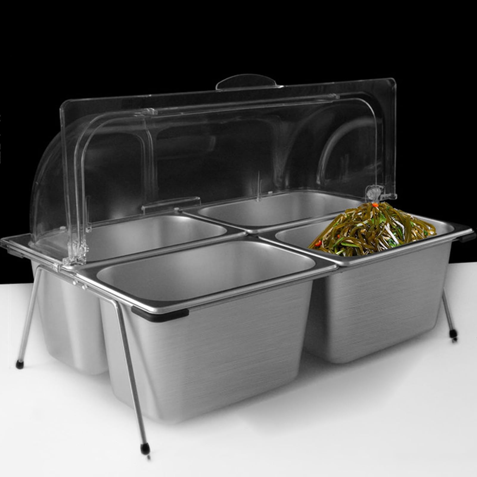 WDSOPK 9 Pan Stainless Steel Food Serving Container with Clear Lid Countertop Spice Buffet Display Rack for Sauces Jams and Condiments