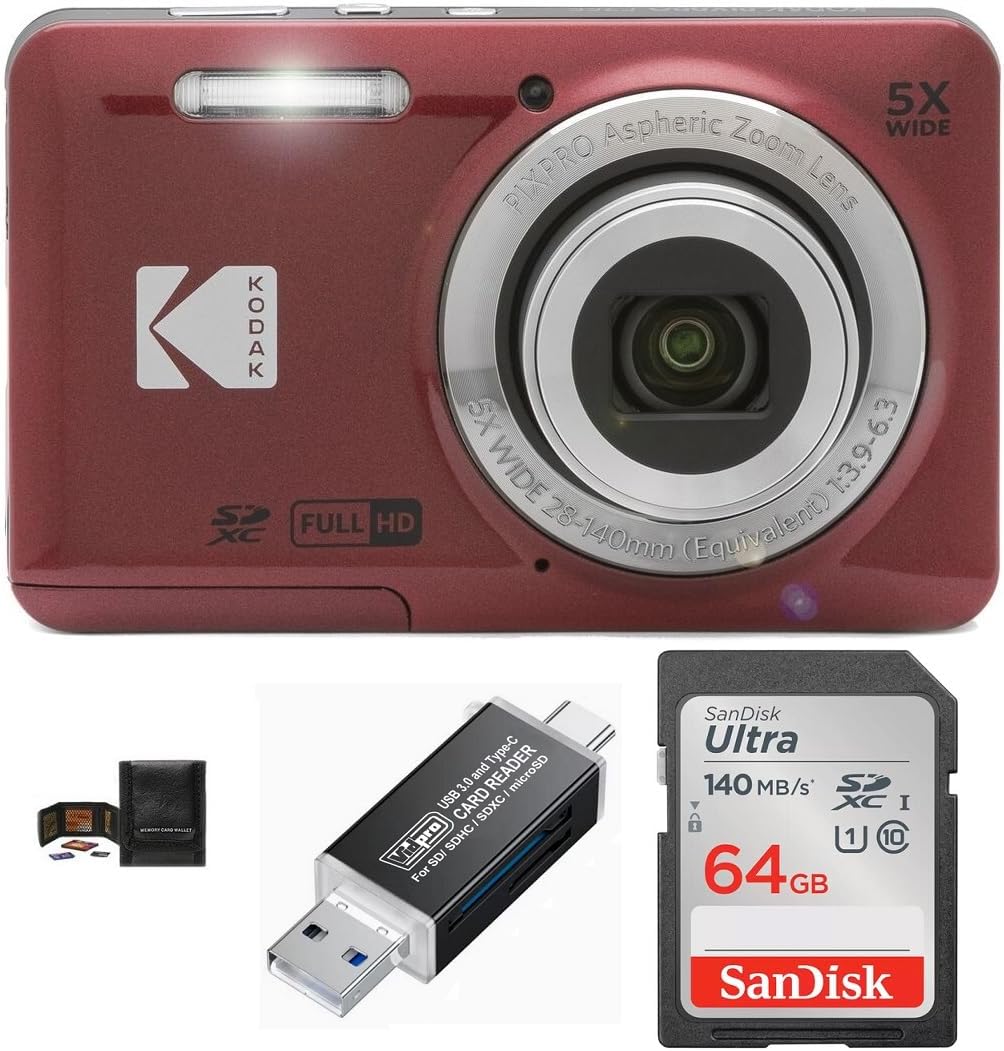 KODAK PIXPRO FZ55 Digital Camera Bundle, Includes: SanDisk 64GB SDXC Memory Card, SD Card Reader Compatible with Computers and Smartphones and Memory Card Wallet (4 Items) (Black)