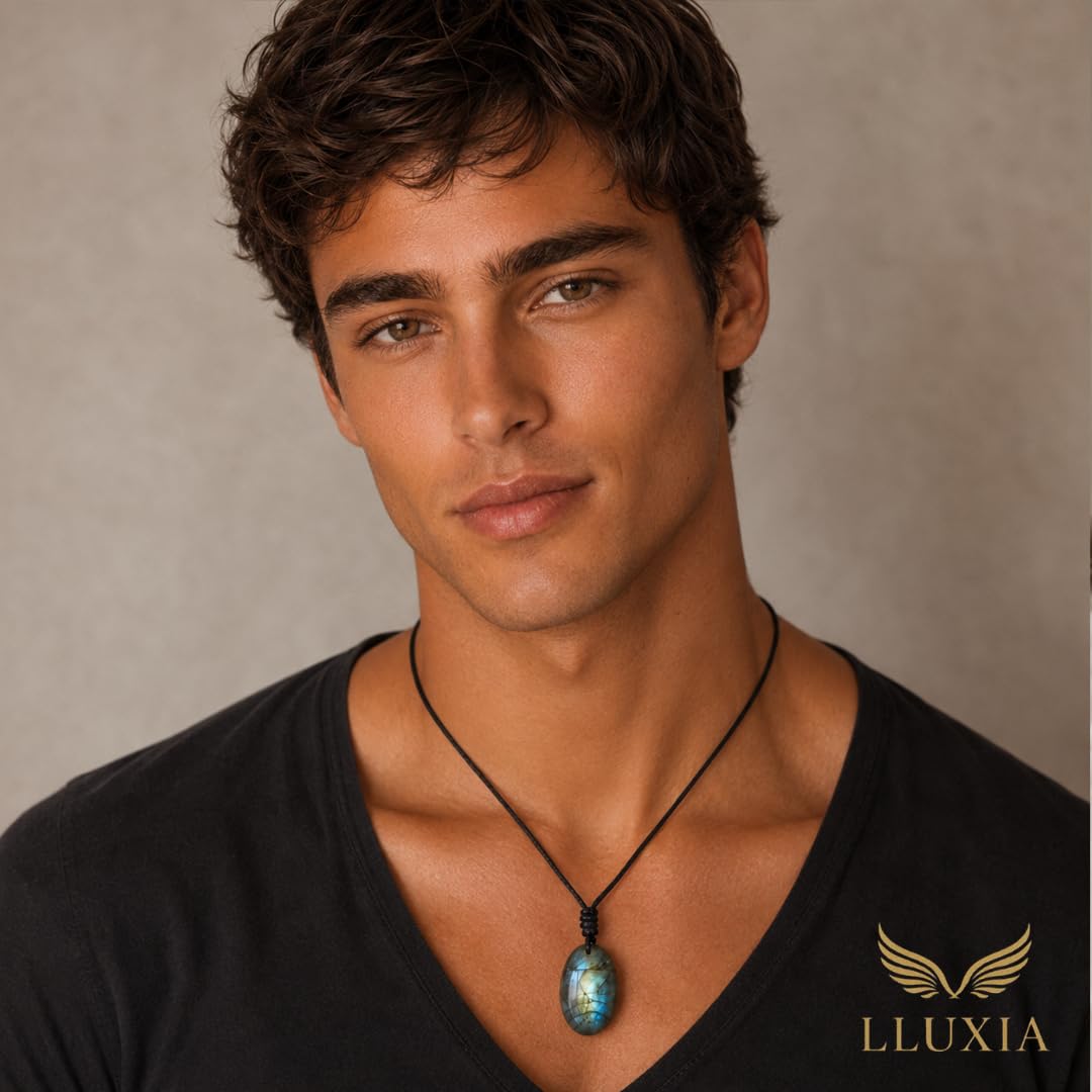 Collier en Labradorite Naturelle – Pierre Protectrice – Pendentif Ovale Poli avec Cordon Réglable – Bijou Énergétique pour Homme et Femme