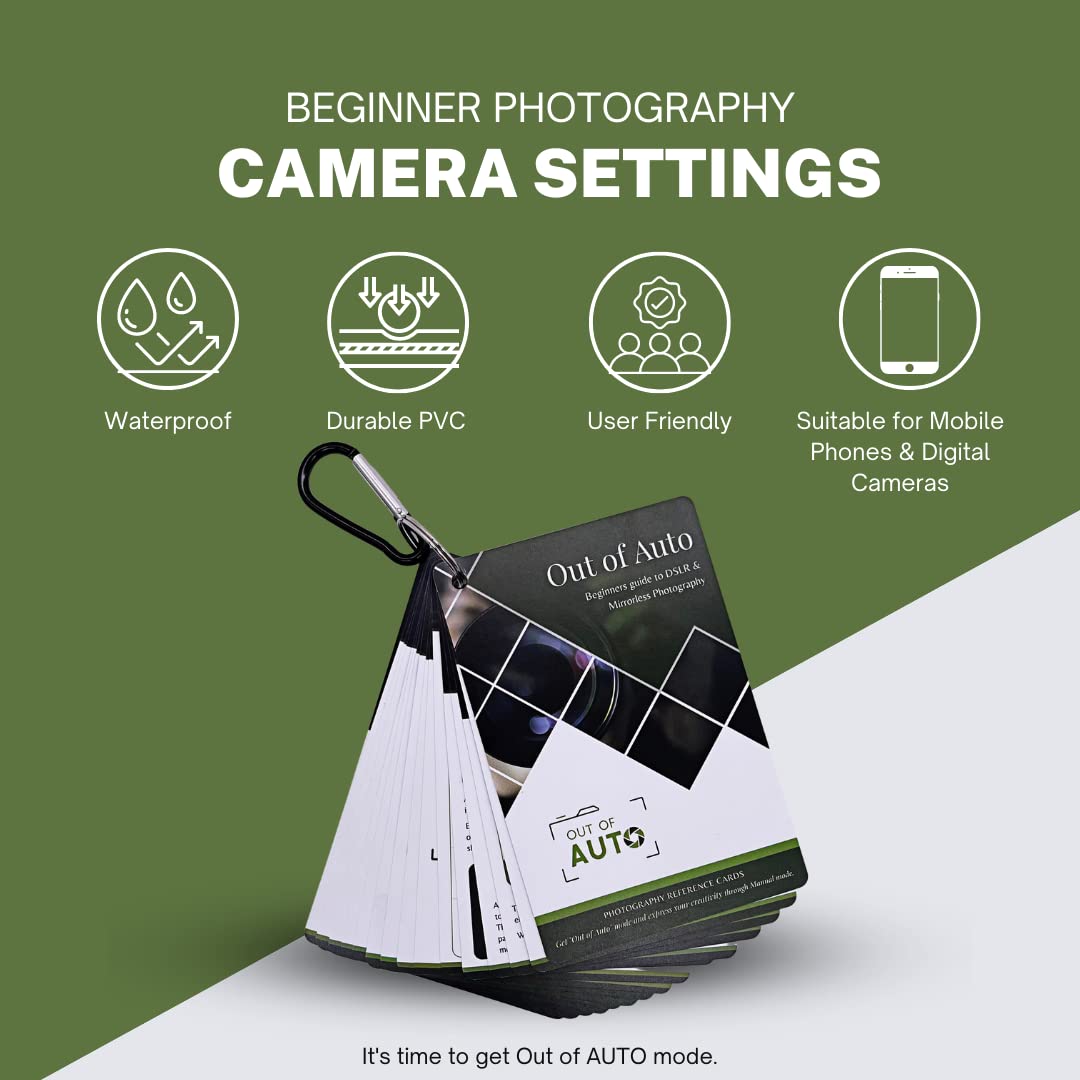 Tarjetas de trucos de fotografía DSLR, tarjetas de referencia rápida de cámara digital por Out of Auto, ajustes de fotografía para principiantes y cómo disparar en modo manual, para todos los modelos