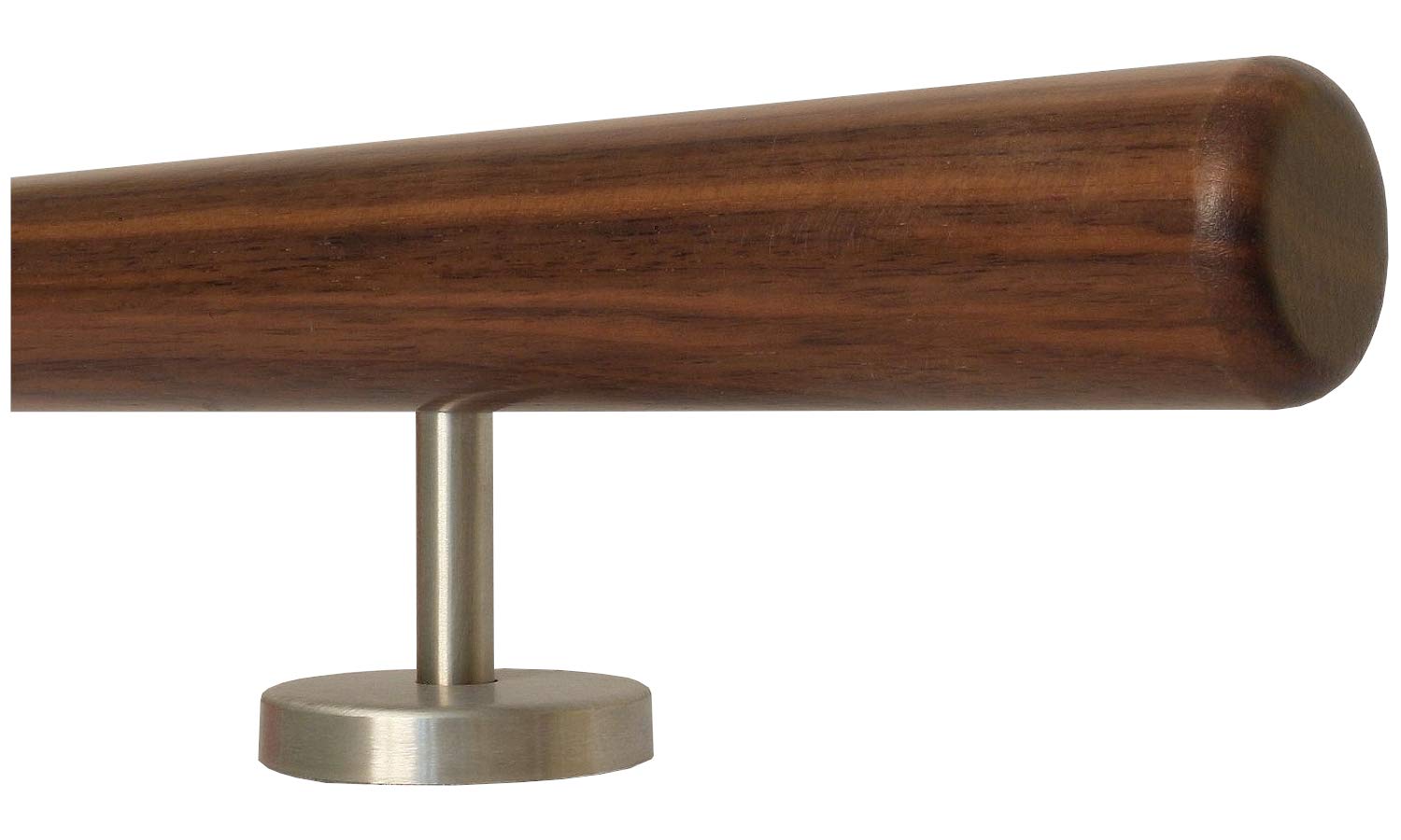TIBU Nussbaum Geländer Handlauf Treppe Holz Griff gerade Edelstahlhalter, Länge 30-500 cm aus einem Stück/zum Beispiel Länge 110 cm mit 2 gerade Halter und Enden Radius gefräst