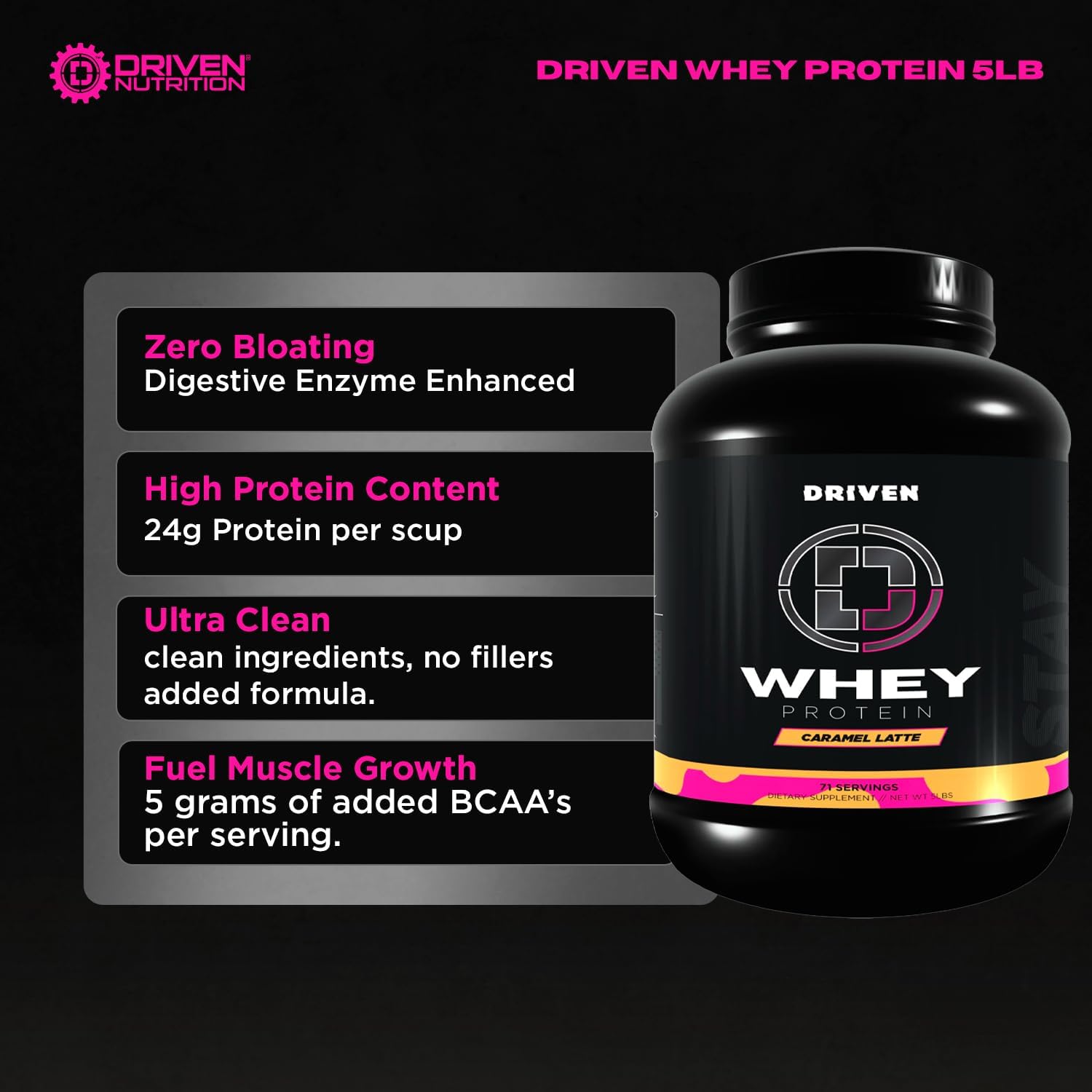 Driven WHEY- Whey Protein Powder: Delicious, Clean Protein Shake- Improve Muscle Recovery with 23 Grams of Protein with Added BCAA and Digestive Enzymes (5lb, Caramel Latte) - Image 3
