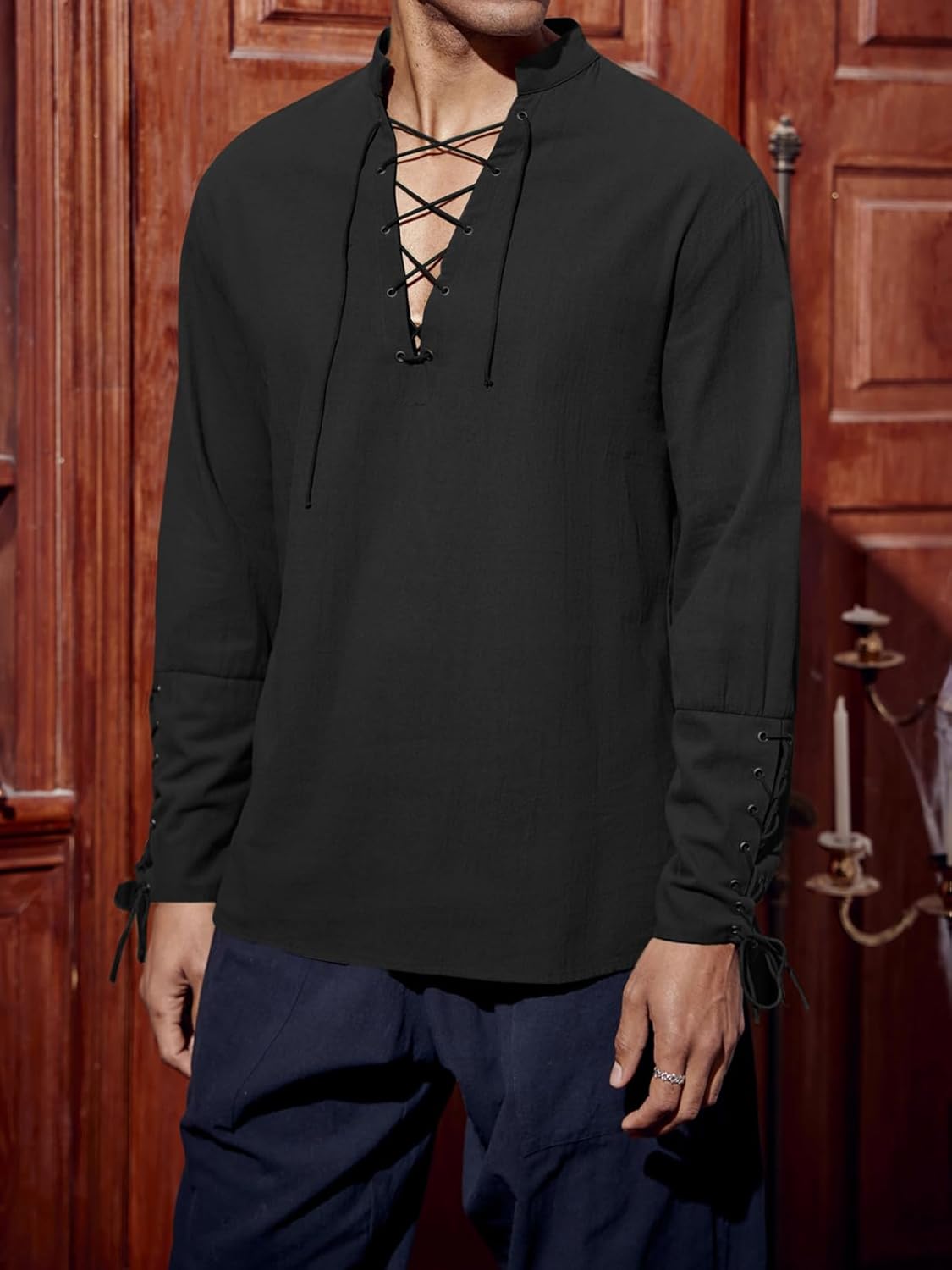 Runcati Mens Medieval Pirate Shirt Steampunk Renaissance Viking Retro Long Sleeve Lace Up Mercenary Halloween Costume Tops - Image 2