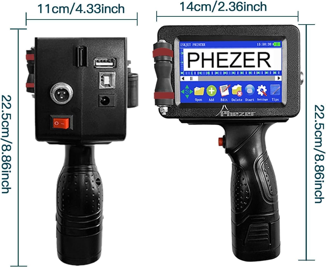 Phezer Imprimante à Jet d’Encre Portative Modèle P16 Améliorée pour Toutes Les Surfaces Buse de 0,5 Pouce, Machine de Codage Intelligente à 360° pour Date d’Expiration, Code-Barre, Logo, Label