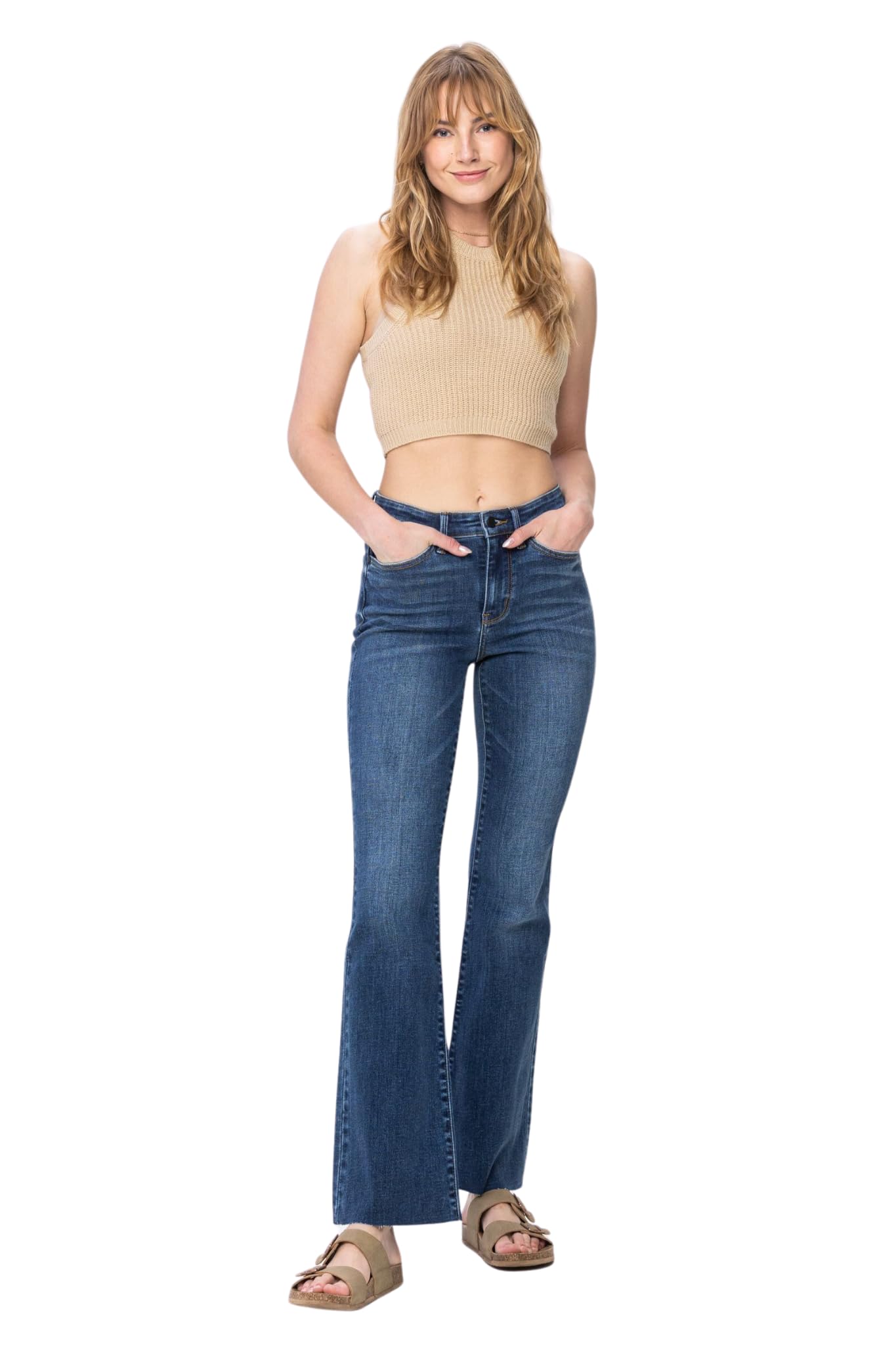 'Fiercely Bella Boutique' Mid-Rise Harsh Contrast Wash & Cut Hem Bootcut Jeans (as1, Numeric, Numeric_13, Regular, Regular) Blue