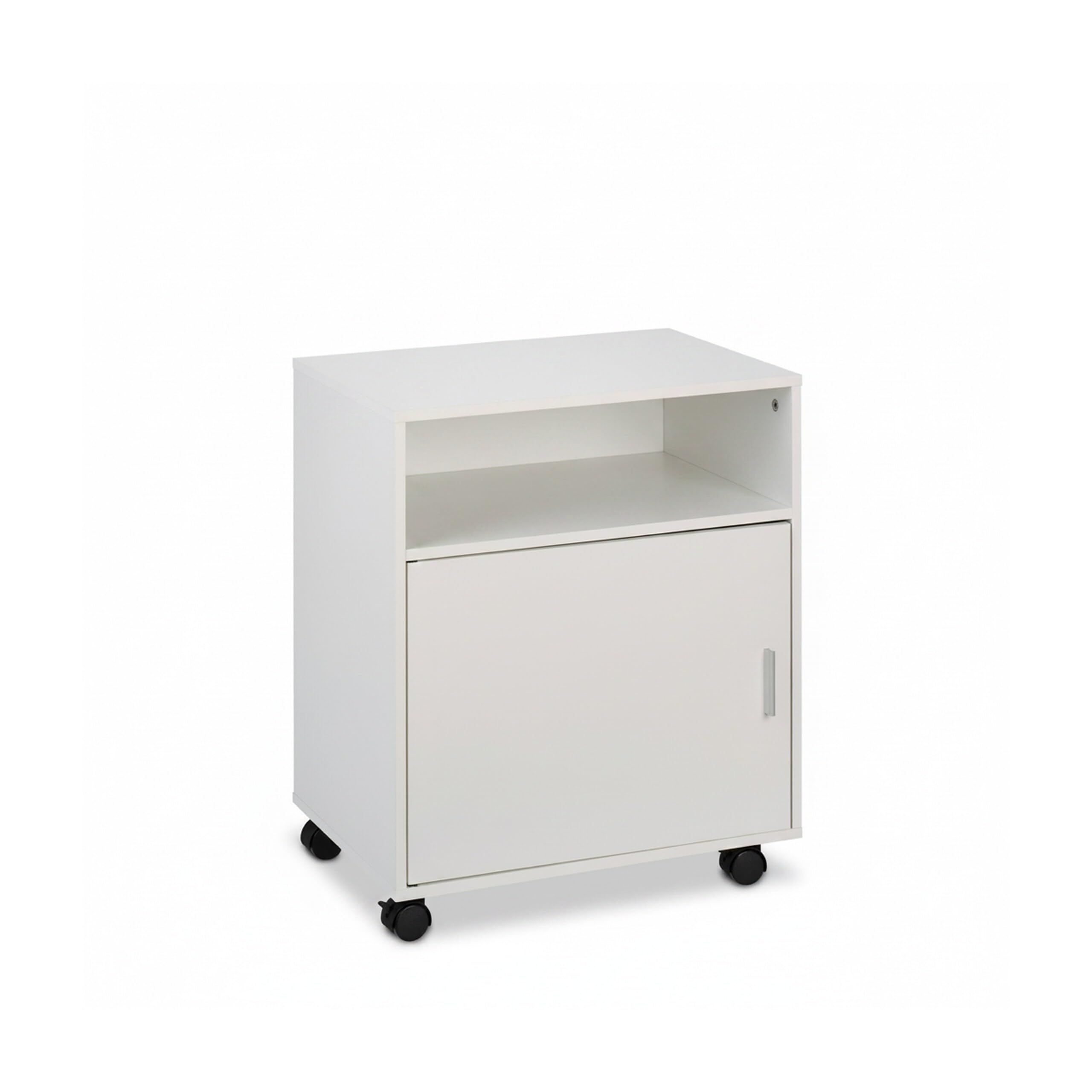 Relaxdays Mesa Impresora con 4 Cajones y Puerta, Cajonera Oficina con Ruedas, Mueble Despacho, 57 x 48 x 34 cm, Blanco