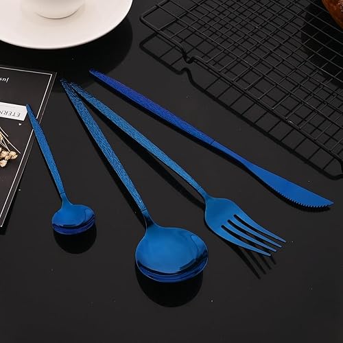 Miniatura 3 de JASHII Juego de cubiertos martillados, juego de cubiertos de 24 piezas de color azul pulido espejo para 6, juego de cubiertos de acero inoxidable,