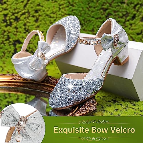 Image of Motasha Sparkly Girls Dress Shoes Kids High Heels Toddler to Big Kid | Glitter Closed Toe, Rhinestone Bow Straps, Hook-and-Loop Closure, Low Heel, Anti-Slip Outsole for Wedding Birthday Parties