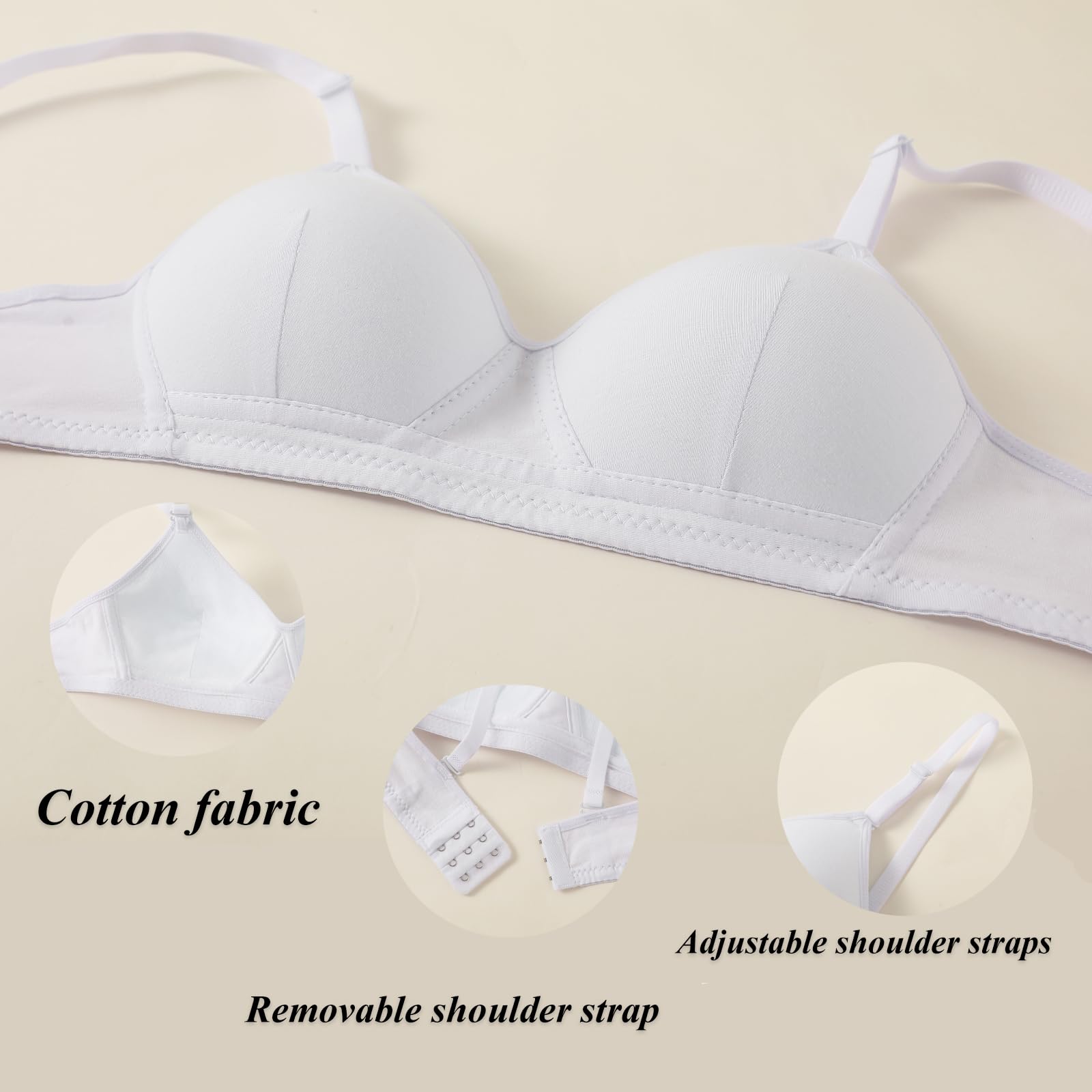 Reggiseno Sportivo da Ragazza in Cotone con Cinturino Regolabile Staccabile Senza Ferretto, Confezione da 3 Bralette A-Cup