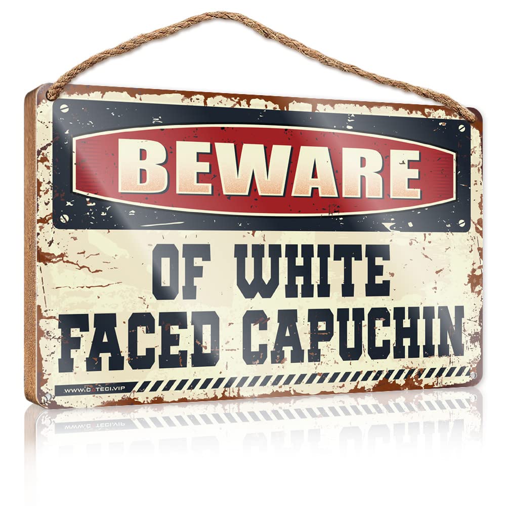 FRINTOXA Porch Signs And Decor Outdoor Beware Of White Faced Capuchin Wooden Sign(15X28CM)