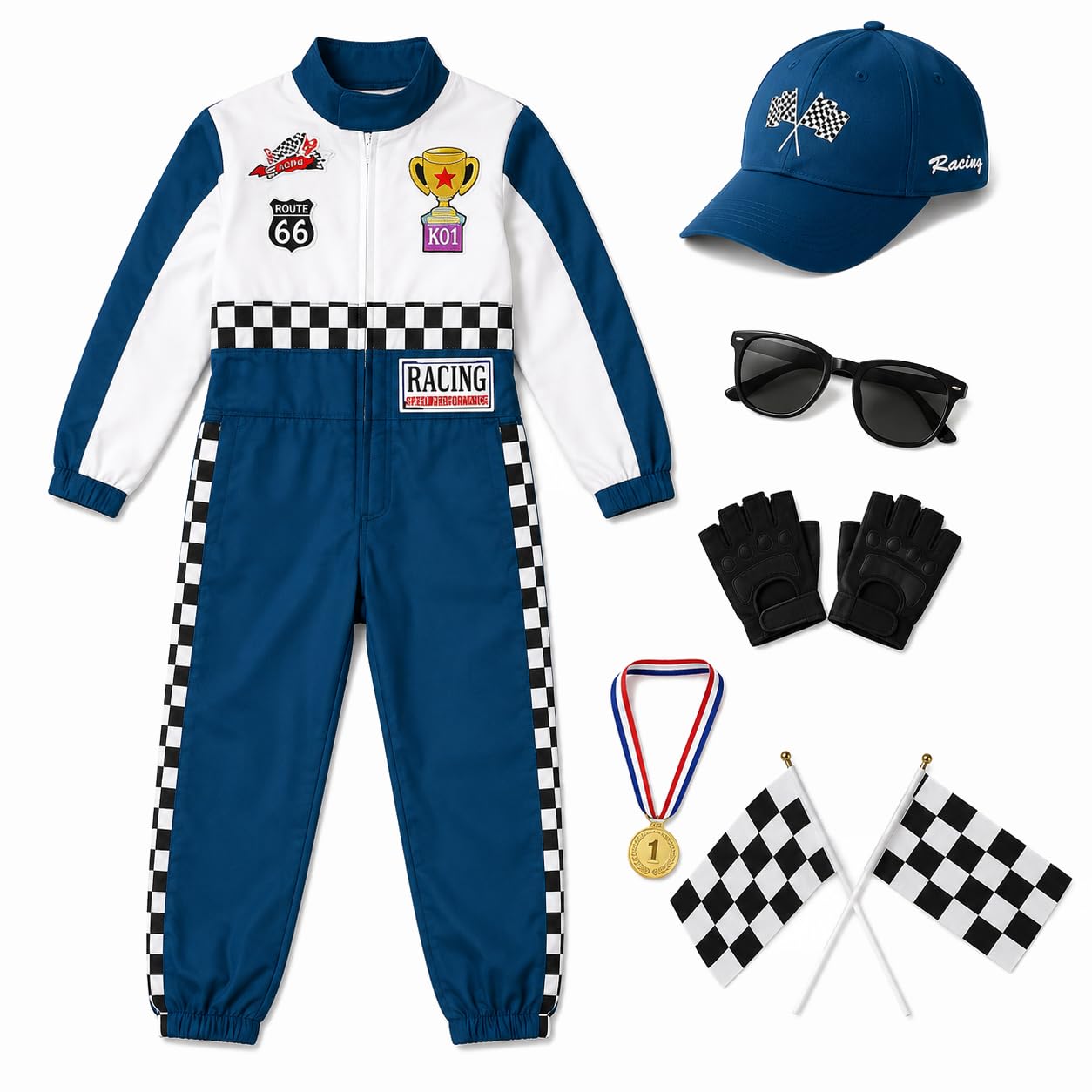 nezababy 6Pcs Kids Race Car Driver Costume Boys Racer Outfit，Blue：4–5T