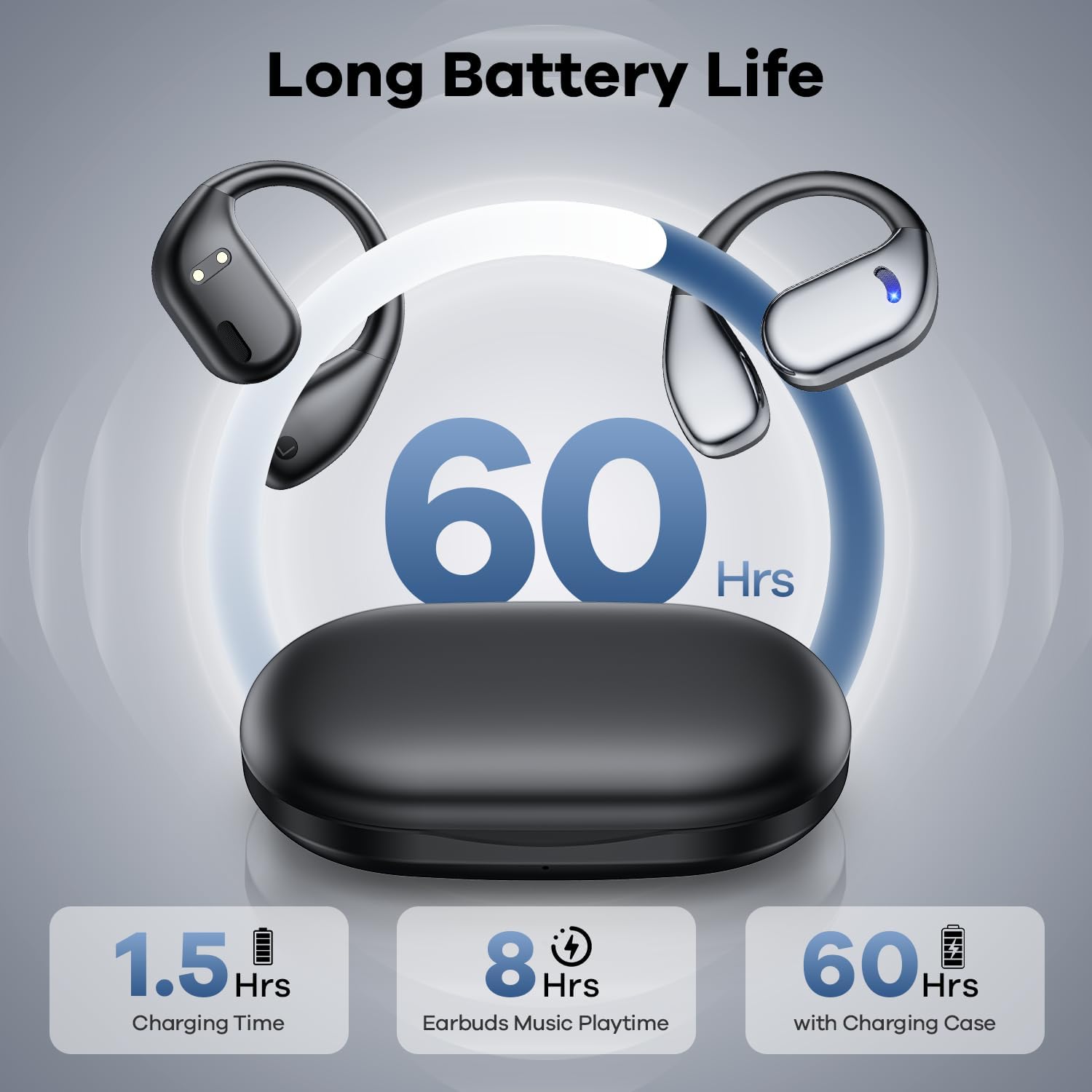 Image showing the charging case with LED display indicating 100% battery and the earbuds inside