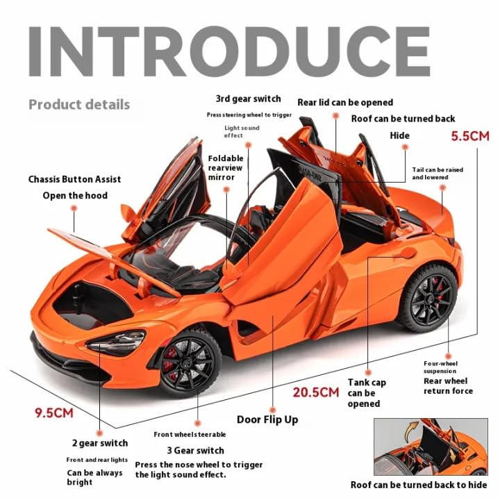 Image of Invite Enterprise 1:24 Mclaren 720 Diecast Metal Pull Back Car with 6 Openable Doors with Sound and Light Toy Decoration car Best Gift Toys for Kids 【Colors as Per Stock】