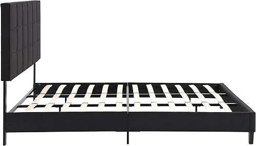Miniatura 6 de Base de cama tamaño King, moderna cama tapizada con cabecero, base de cama pesada con soporte de listones de madera, fácil montaje, no necesita