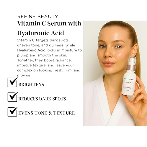 Miniatura 5 de REFINE BEAUTY Suero de vitamina C con ácido hialurónico + niacinamida para manchas oscuras, líneas finas y arrugas para mejorar la textura y el tono