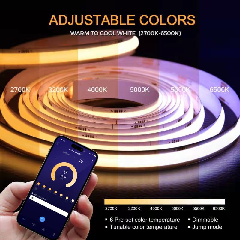 AUZIWE CCT COB LED Strip Light 16.4ft, Tunable White Warm White to Cool White LED Strip, 608LEDs/M DC24V Tape Light, CRI90+, Bluetooth App Control, Dimmable Strips for Bedroom, Office, DIY Lighting.