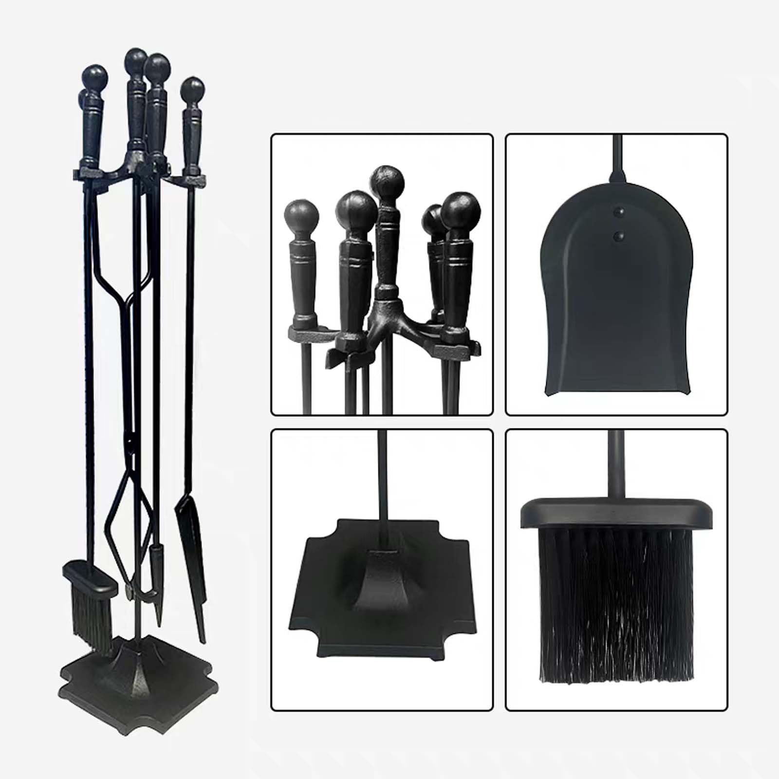 Juego de herramientas para chimenea de hierro fundido resistente con soporte, pala de ceniza, escoba y varilla de fuego para quemadores de troncos, 5 piezas, color negro