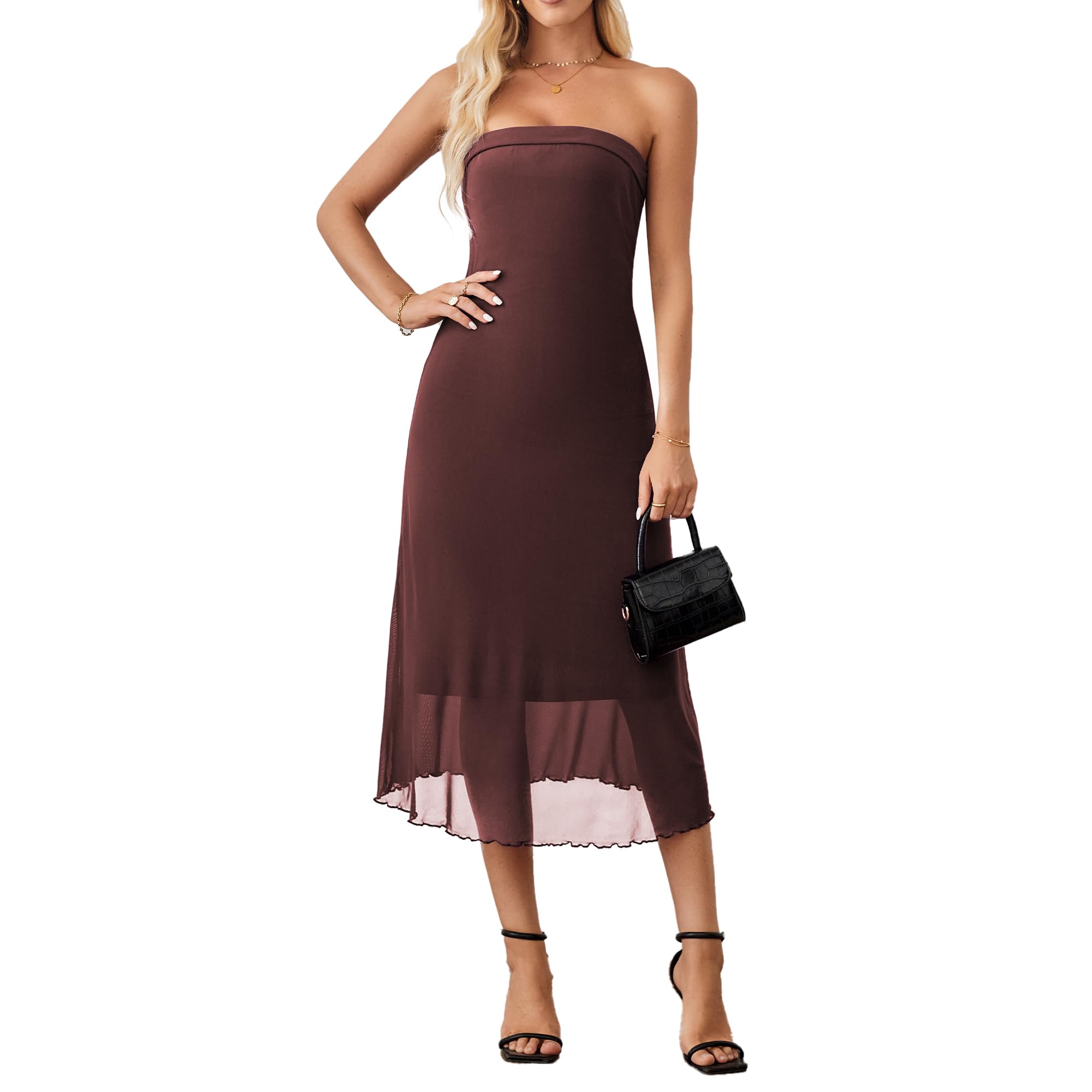 Women's Summer Bodycon Midi Tube Dress Strapless Mesh Casual Elegant Party Cocktail Dresses