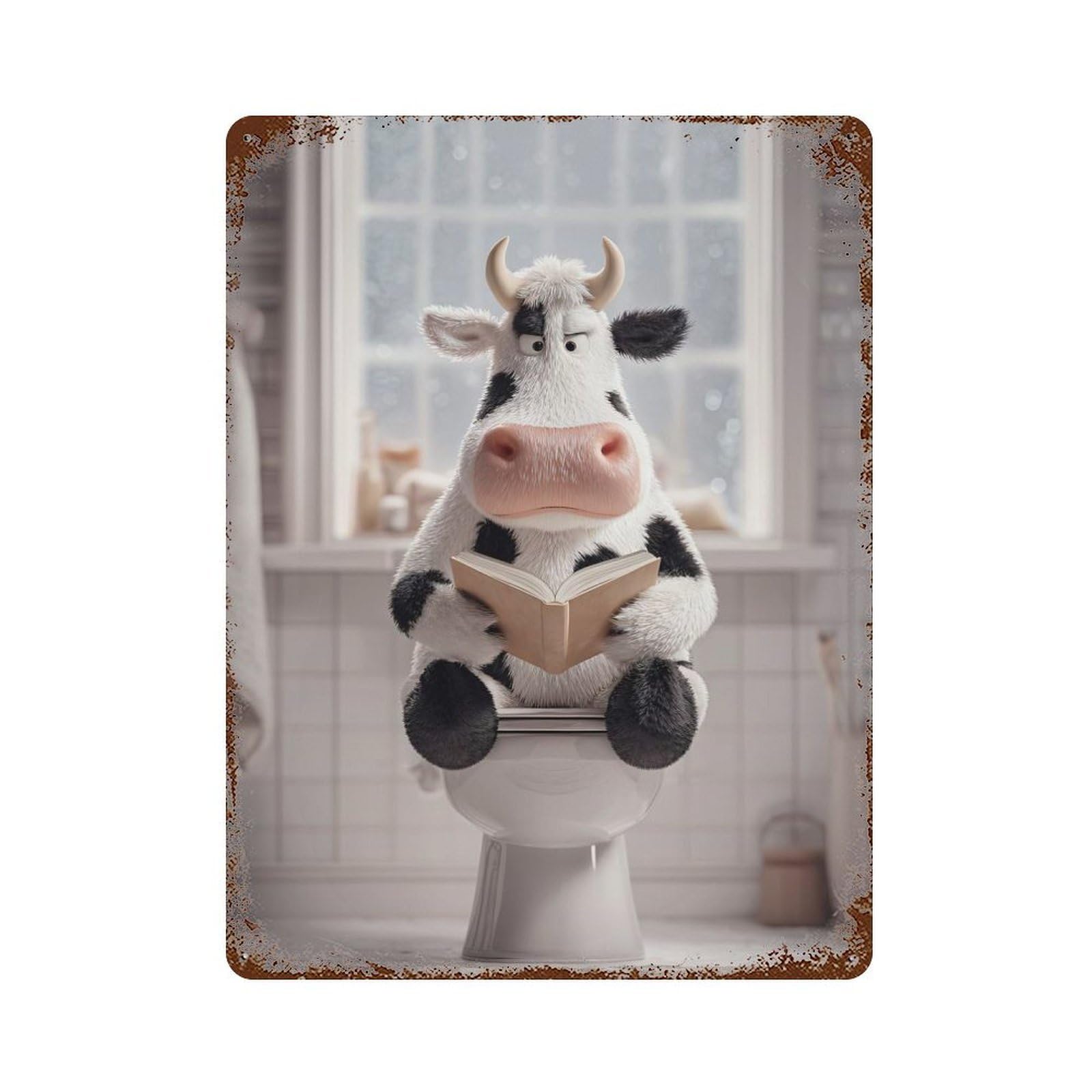 Garage Style Cow Reading on The Toilet Distressed Metal Wall Sign 15.7"x11.8", Retro Wall Decor for Bar And Workshop
