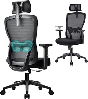 Ergonomischer Bürostuhl, Schreibtischstuhl Höhenverstellbar, Drehstuhl mit Verstellbarer Lendenwirbelstütze und Kopfstütze, 90°-130°Liegefunktion, Bürostuhl bis 150 kg Belastbar, Schwarz