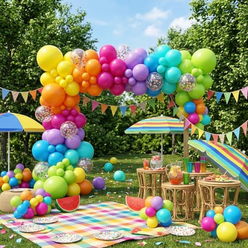 Image of Rainbow Balloons, 50 Pcs Colorful for Summer Birthday Baby Shower Party | 12 Inch Hot Pink Blue Yellow Green Multicolor Confetti Latex Balloons for Rainbow Neon Back to School Pool Party Decorations