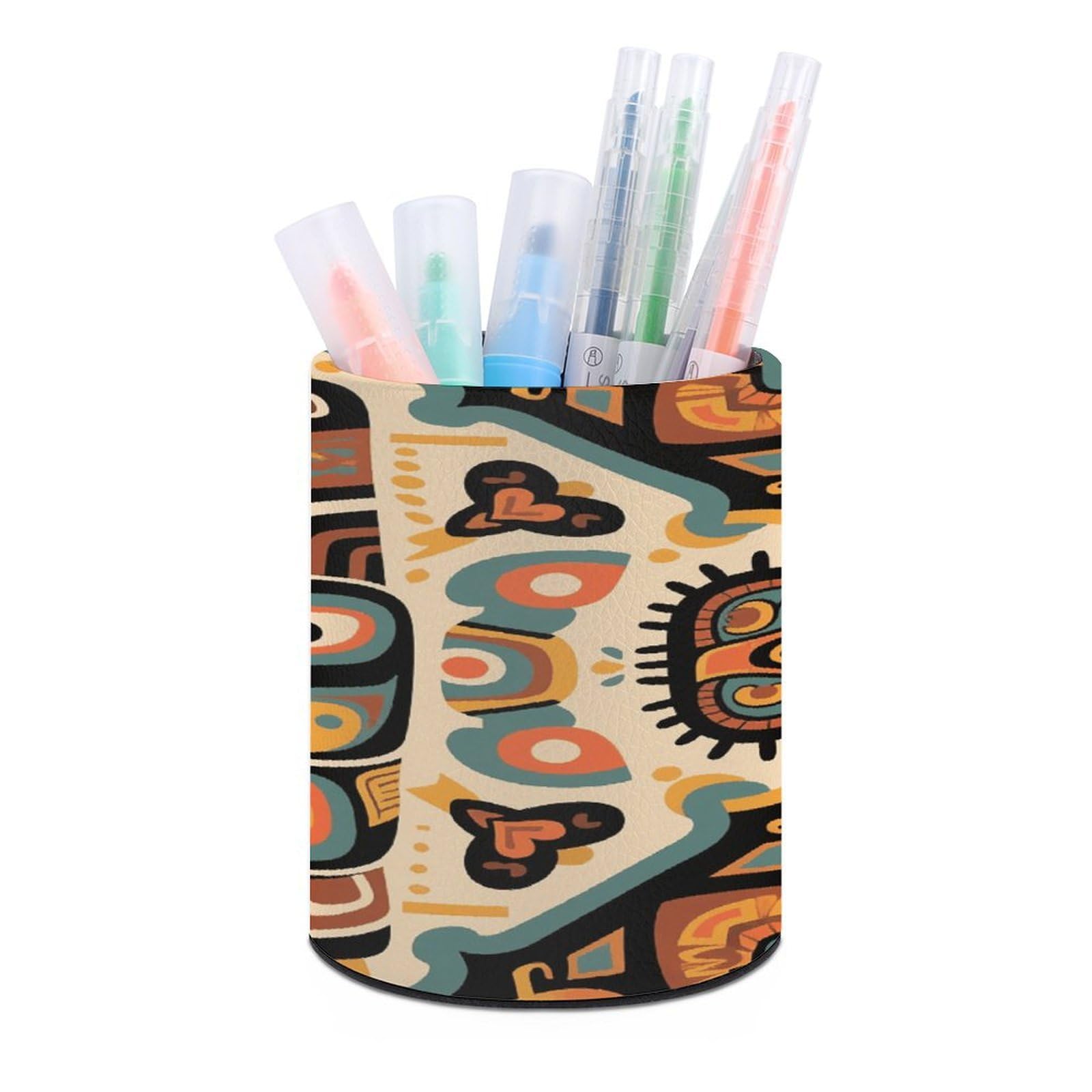 VstaDank Ethnic Totem Pen Holder Round Pencil Holder Cup Pen Container PU Leather Desk Organizer Stand Decor Brush Scissor Holders Decoration Office Desk Home (3.1 X 3.9 Inches)