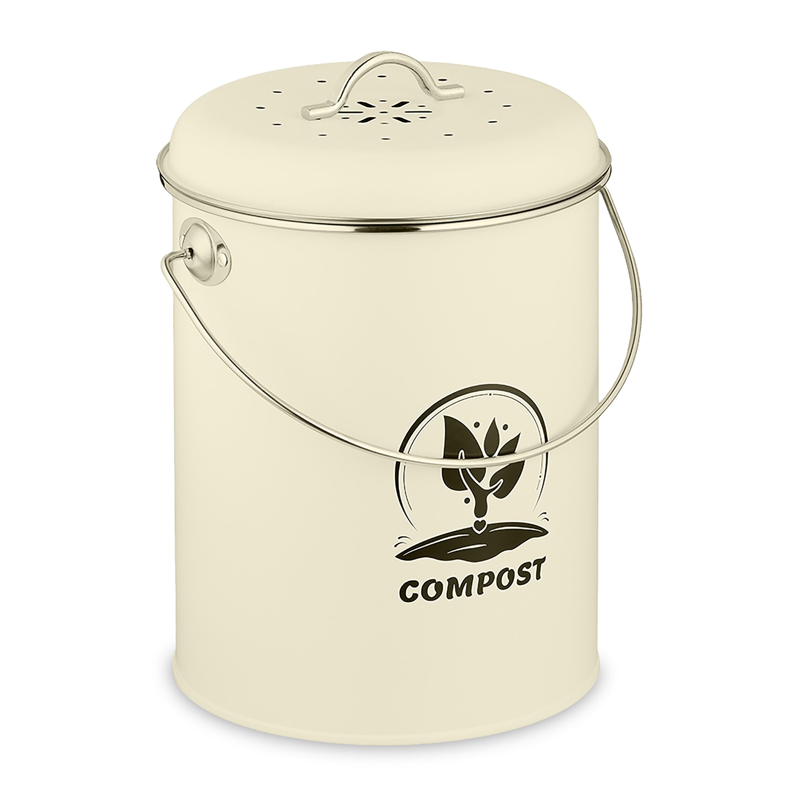 Relaxdays Kitchen Compost Bin, 5.5 Litres, Iron, Odour Filter, with Lid & Handle, Organic Food Waste Caddy, Round