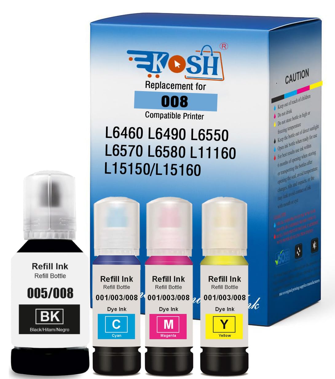 008 Black Refill Ink for Epson L6460/L6490/L6550/L6570/L6580/L11160/L15150/L15160 Printer Black, Magenta, Cyan & Yellow (Pack of 4)