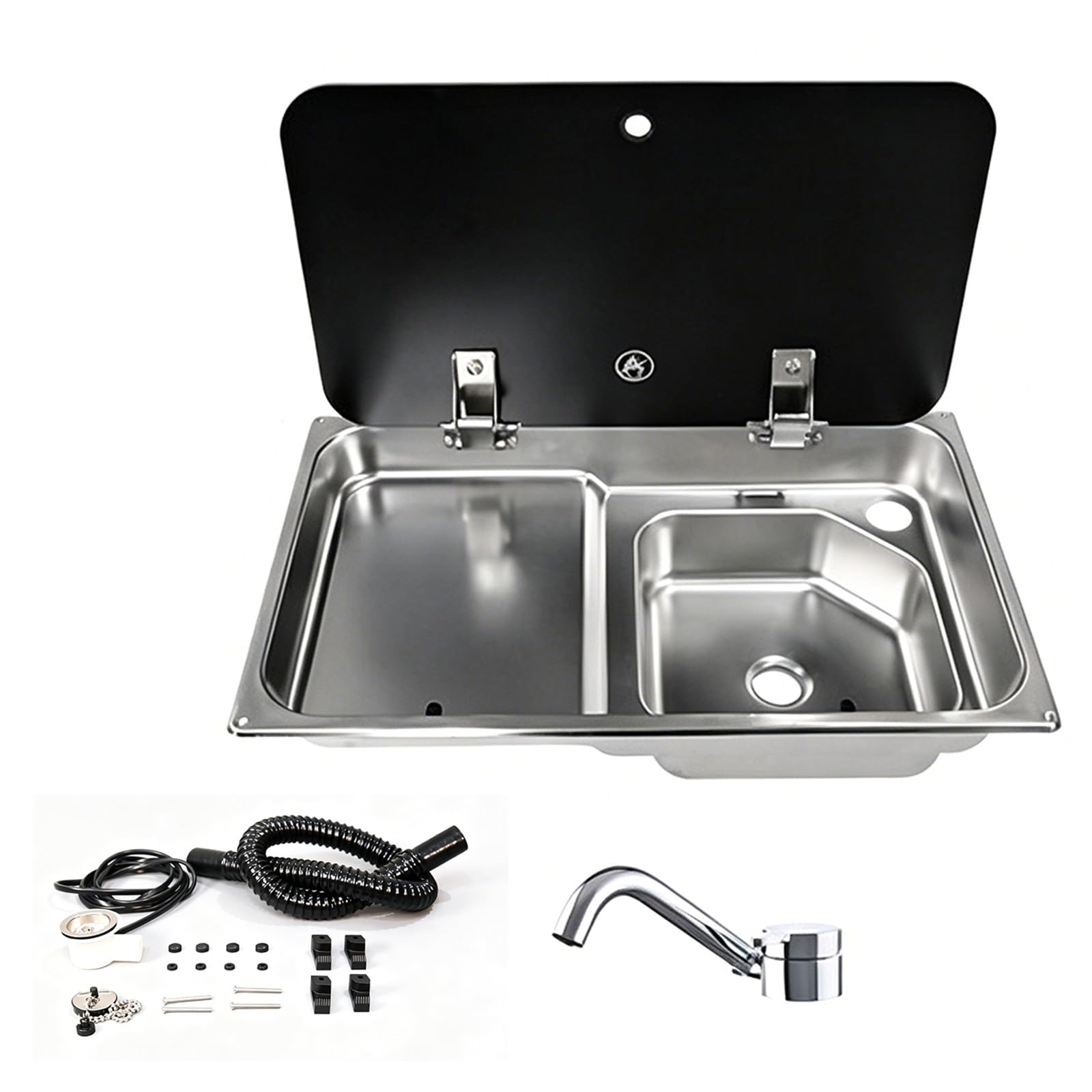 Fregadero para Autocaravana, Fregadero de Cocina de Acero Inoxidable con Tapa de Vidrio Templado, Grifo Plegable, Kit de Desagüe, para Caravana, Barco, Minicasa