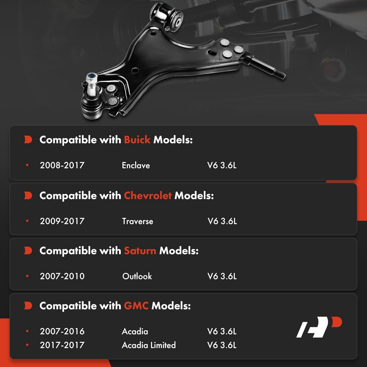 A-Premium Front Right Lower Control Arm, with Ball Joint & Bushing, Compatible with Buick Enclave 2008-2017, Chevy Traverse 2009-2017, GMC Acadia 2007-2016, Saturn Outlook 2007-2010