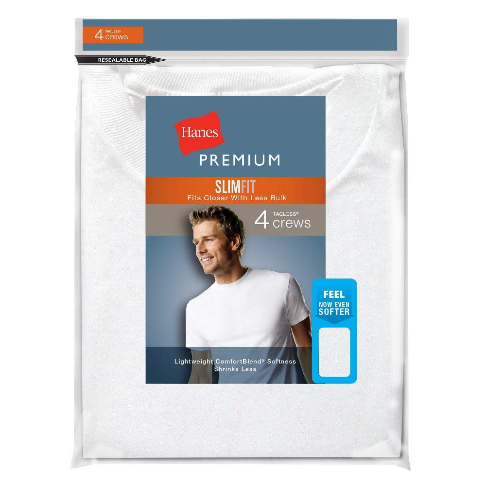 HanesHanesbrands Premium Men's Slim Fit Crew-Neck Tees Medium White Pack of 4