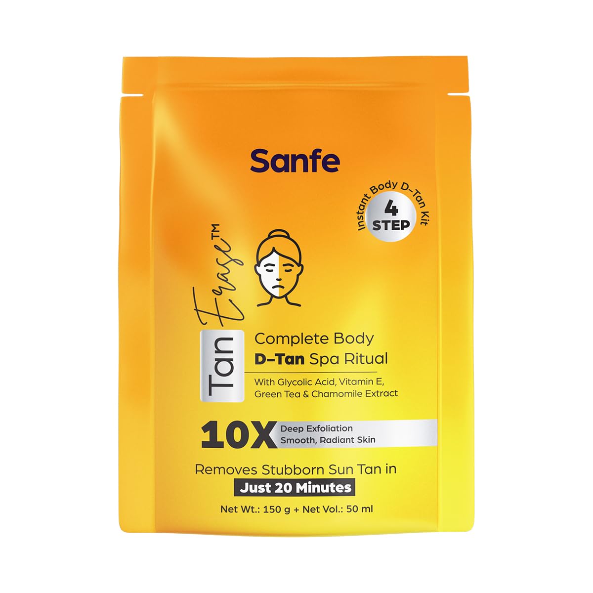 Sanfe Tan Erase Complete Body D-Tan Kit | 150gm + 50ml | 4-Step Body D-Tan Spa Ritual | Removes Stubborn Sun Tan in 20 Minutes | With Glycolic Acid, Vitamin E & Green Tea | Smooth, Radiant Skin