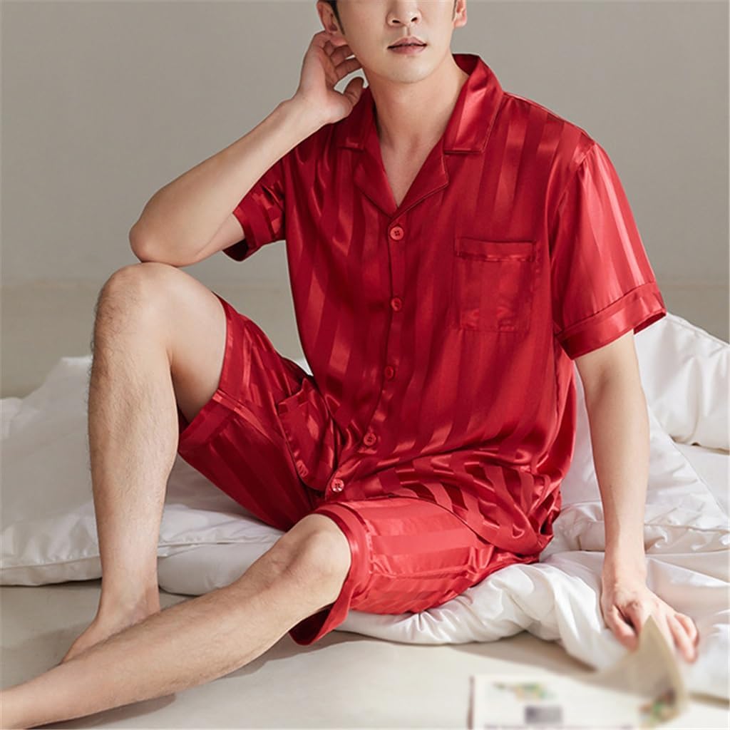 Pajamas for Men Thin Section Ice Silk Short Sleeve Shorts Red Simulation Home Wear