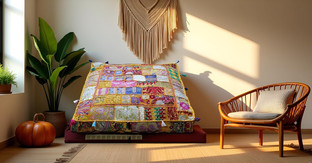 Handmade Square Yellow Patchwork Pouf Cover 35 Inch Ottoman Cover Embroidered Cotton Floor Cushion Cover Boho Indian Decorative Floor Pillow Meditation Cushion for Living Room Bedroom (Cover Only) image 4