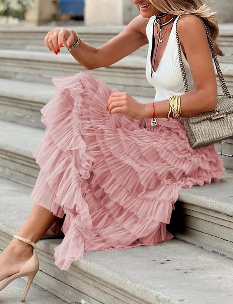 Long Tulle Skirt for Women Trendy High Waisted A Line Fluffy Fairy Mesh Layered Ruffle Skirt - Image 4