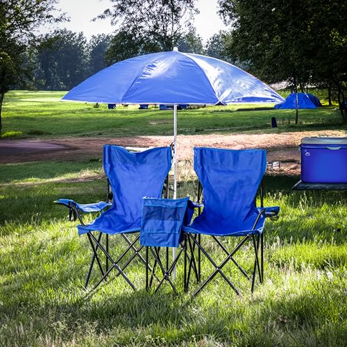 Trademark Innovations Double Folding Camp and Beach Chair with Removable Umbrella and Cooler, Black - Image 2