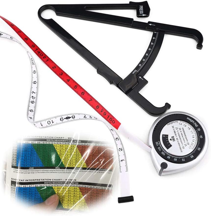 Asver Black Color 70mm Skinfold Body Fat Monitor, Fat Caliper BMI Tape Measure Set, with Measurement Chart Caliper Health Care Tool Bodybuilding Gift : Health & Household
