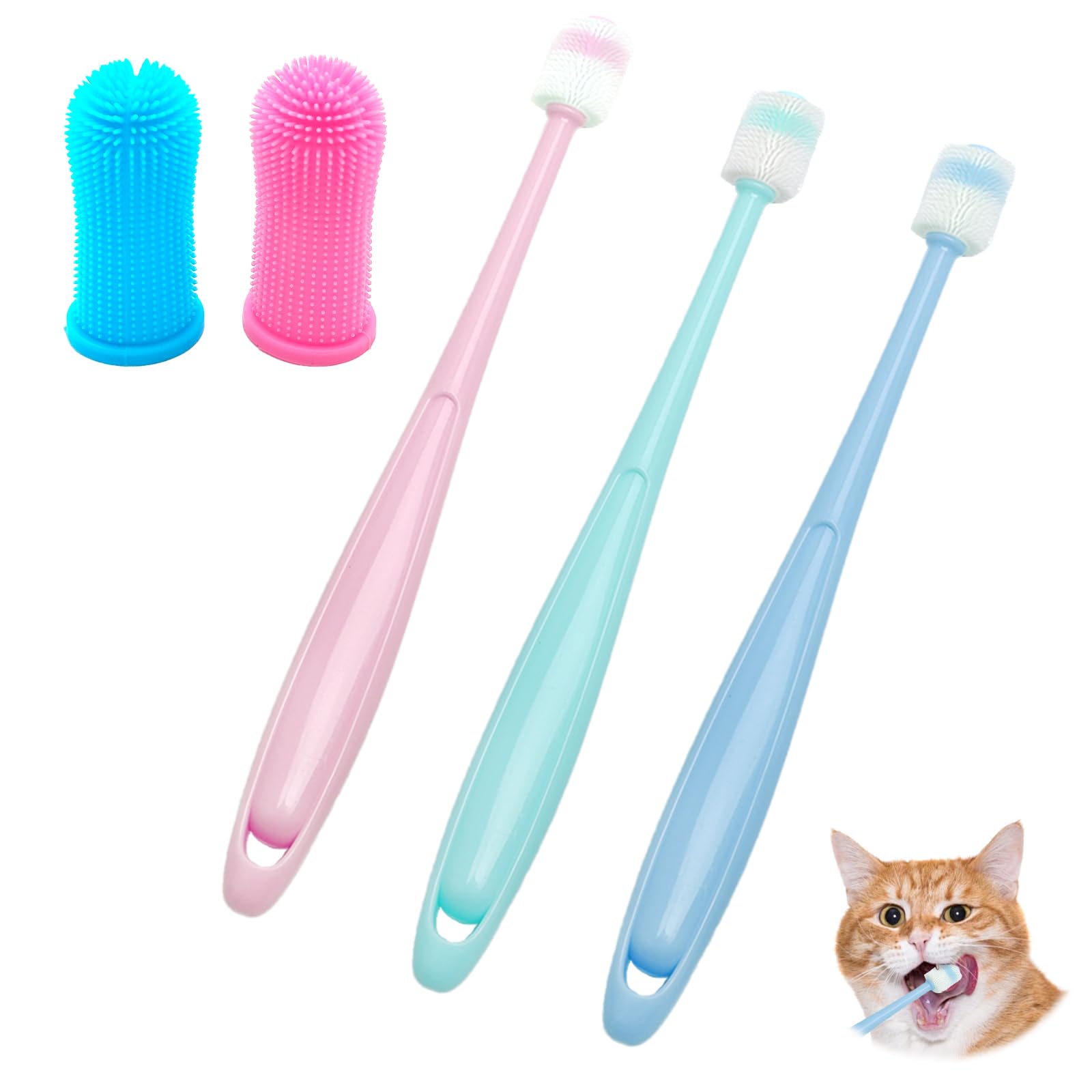 Juego de Cepillo de Dientes para Gatos – 3 Cepillos de Dientes + 2 Cepillos de 360 Grados, Silicona Suave, Reutilizable, para Perros y Gatos