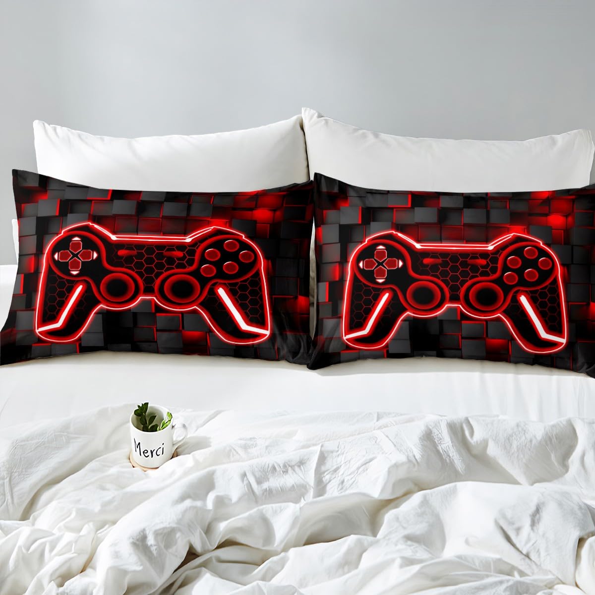 Kids Gamer Bedding Set King Size Red and Black Bedding Duvet Cover Set For Boys Teens Decor Gaming Ombre Comforter Cover Set Geometric Square Bedspread Cover 3Pcs - Image 4