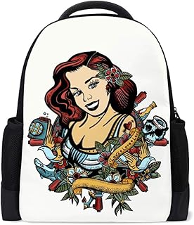 Zaino Marinaio Ragazza Pin Up Stile Tatuaggio Colorato Viaggio Laptop Daypack Scuola Borse Poliestere Multi-Tasche Leggero Pieghevole Ragazze Donne