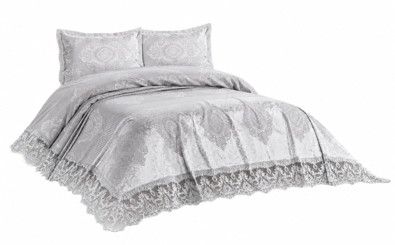 Ilkadim Export Chenille Tagesdecke Set 265 x 275cm mit 2 Kissenbezügen 60 x 80cm - Elegante Tagesdecke mit Spitzenbordüre und Jacquardmuster - Bettüberwurf für Doppelbett (Silber)