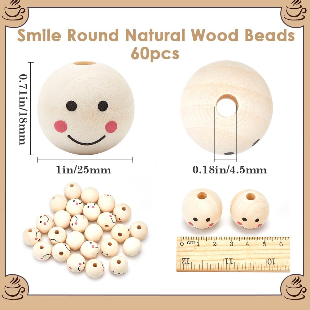GORGECRAFT 60Pcs Smile Face Wooden Beads 1"/25mm Large Natural Wood Round Ball Spacer Bead Smiling Face Printed Doll Head Loose Beads with Hole for Christmas Tree Garland Farmhouse DIY Craft Jewelry