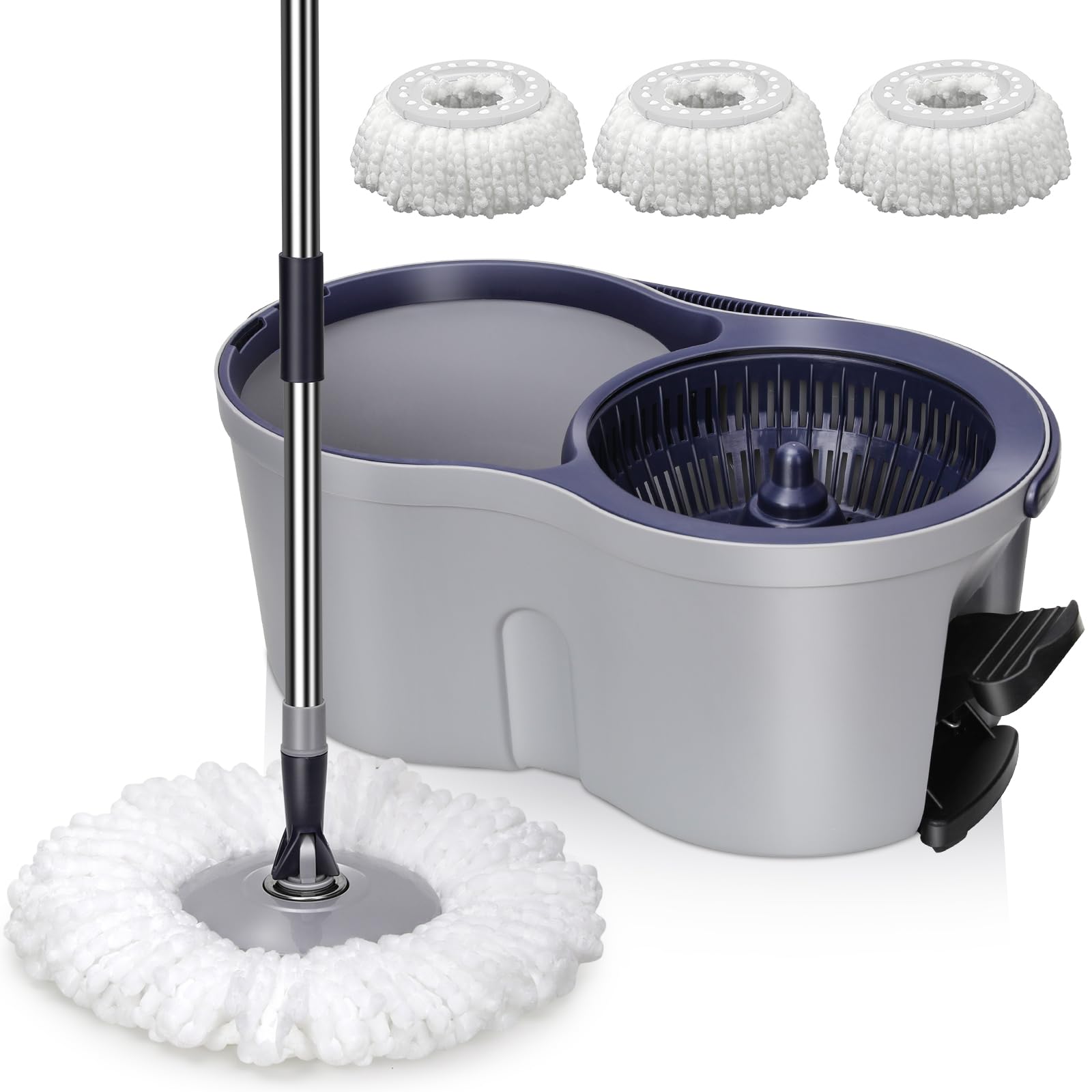 Seau Essoreur à Pédale et Balai à Franges, 2-en-1 pour Nettoyage de Sols en Plastique, Rond, sans Couvercle, Ensemble de Nettoyage de Sol