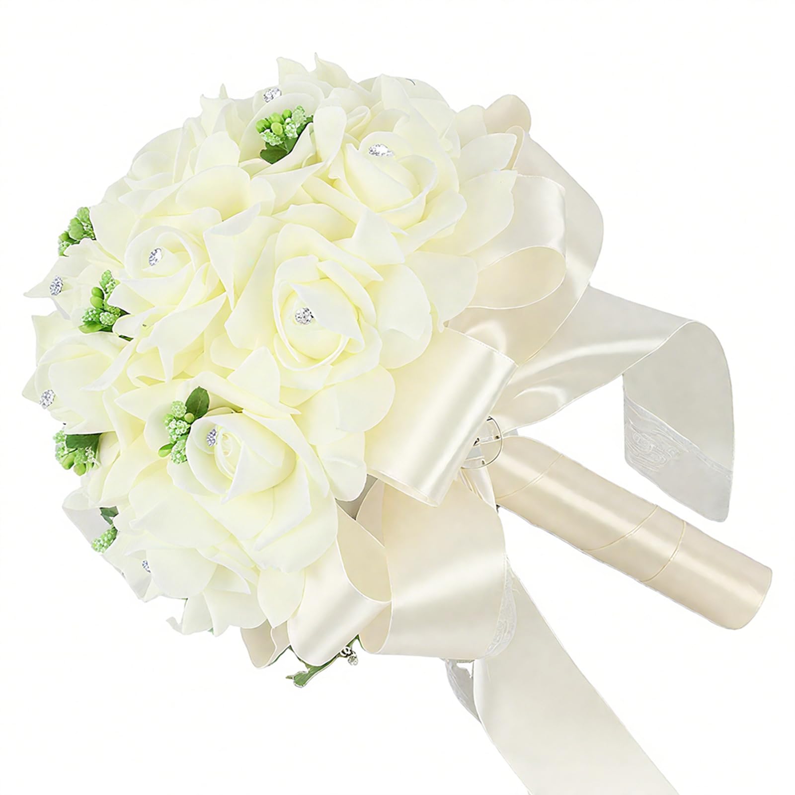Qianderer Hand Made Pearl Satin Roses Bridesmaid Bridal Artificial Bouquets Customization Bride Holding Bouquet Wedding for Photo Shooting, Valentine's Day, Birthday (Beige, M)
