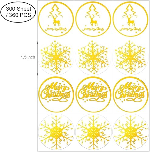 Miniatura 2 de 360 calcomanías decorativas de copo de nieve para sobres de círculos dorados, 4 patrones de calcomanías de Feliz Navidad, calcomanías de sellado