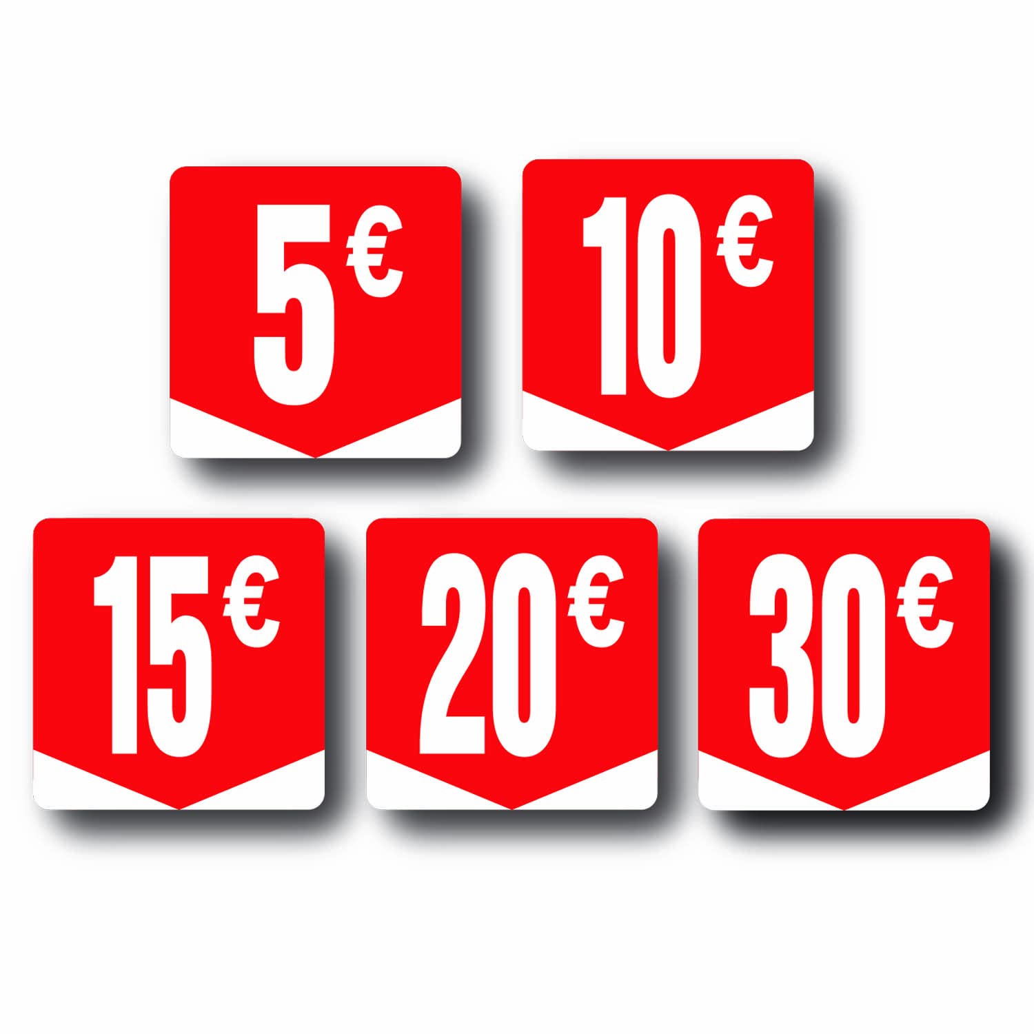 30212 - Lot de 2500 stickers - 5 rouleaux de 500 étiquettes autocollantes - Format carré 35x35mm -5€-10€-15€-20€-30€
